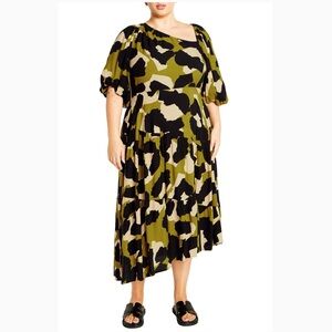 City Chic Asymmetrical Dress in Black, Green, and Cream